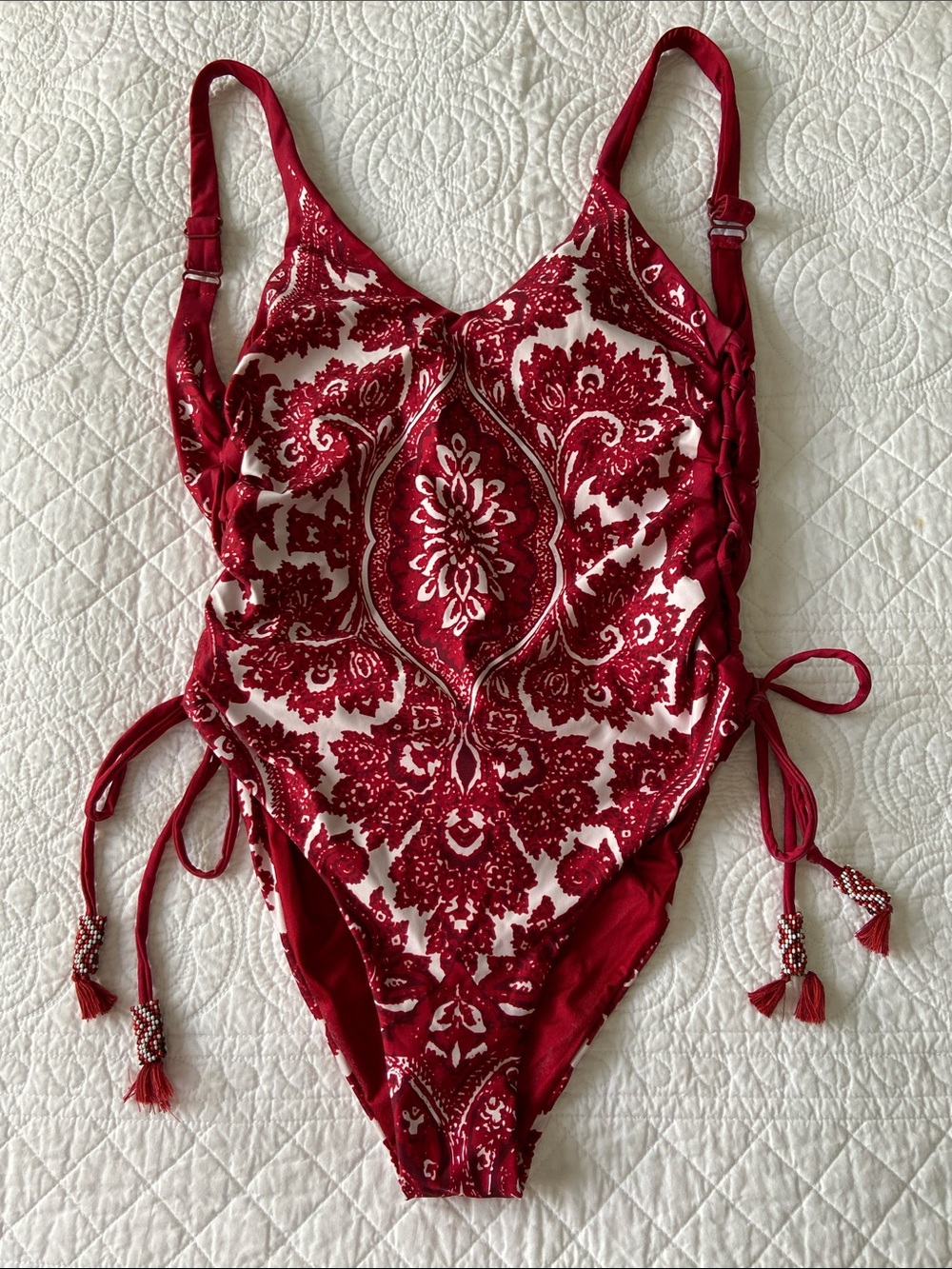 Agua Bendita Lara Bandana Print One-Piece Swimsuit with Side Lace-Up Red White M - Picture 3 of 15